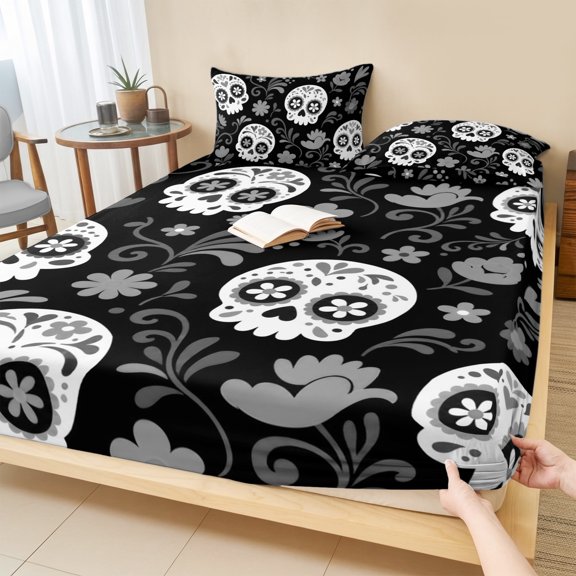 Twin Sze Fitted Sheet Set - Halloween Skull 2 Piece Bedding Sets 16" Deep Pocket Fitted Sheet with 1 Pillowcase, Mexican Style Gray Florals Leaves Brushed Microfiber Hotel Luxury Bed Sheets