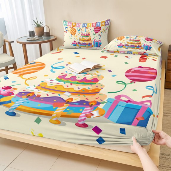 Twin Sze Fitted Sheet Set - Happy Birthday Cake 2 Piece Bedding Sets 16" Deep Pocket Fitted Sheet with 1 Pillowcase, Ribbon Balloon Cartoon Cute Brushed Microfiber Hotel Luxury Bed Sheets
