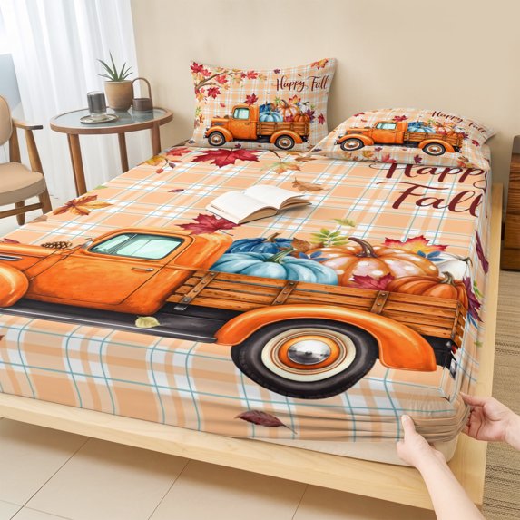 Twin Sze Fitted Sheet Set - Happy Fall 2 Piece Bedding Sets 16" Deep Pocket Fitted Sheet with 1 Pillowcase, Orange Truck Maple Branches Thanksgiving Checked Brushed Microfiber Hotel Luxury Bed Sheets