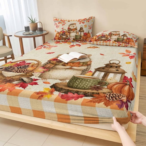 Twin Sze Fitted Sheet Set - Hedgehog Fall 2 Piece Bedding Sets 16" Deep Pocket Fitted Sheet with 1 Pillowcase, Thanksgiving Pine Cones Maple Rustic Plaid Brushed Microfiber Hotel Luxury Bed Sheets