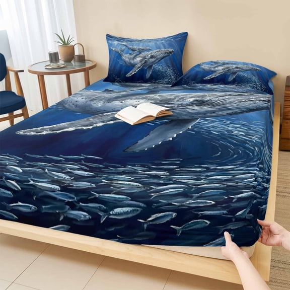 Twin Sze Fitted Sheet Set - Humpback Whales 2 Piece Bedding Sets 16" Deep Pocket Fitted Sheet with 1 Pillowcase, Coastal Deep Sea Nautical Fishes Brushed Microfiber Hotel Luxury Bed Sheets