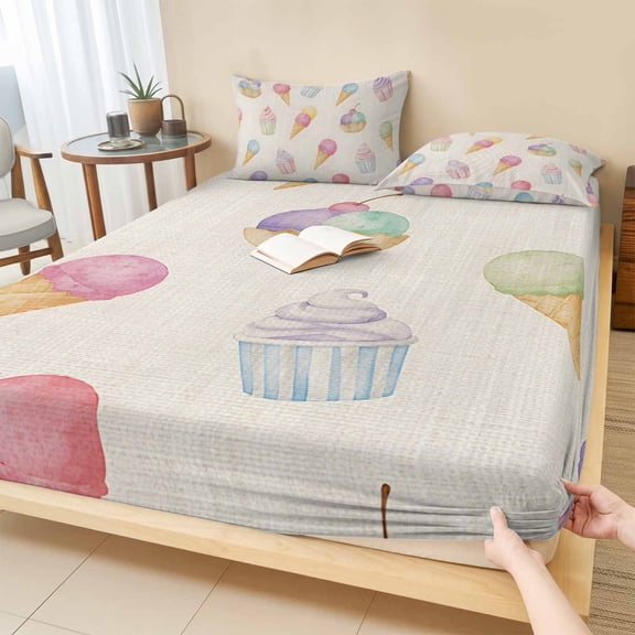 Twin Sze Fitted Sheet Set - Ice Cream 2 Piece Bedding Sets 16" Deep Pocket Fitted Sheet with 1 Pillowcase, Colorful Watercolor Dessert Cupcakes Rustic Brushed Microfiber Hotel Luxury Bed Sheets