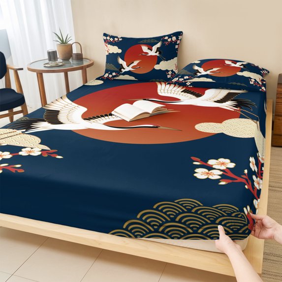 Twin Sze Fitted Sheet Set - Japanese Style 2 Piece Bedding Sets 16" Deep Pocket Fitted Sheet with 1 Pillowcase, Modern Cranes Cherry Flower Wave Navy Blue Brushed Microfiber Hotel Luxury Bed Sheets