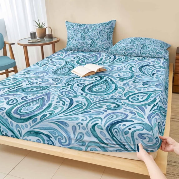Twin Sze Fitted Sheet Set - Light Blue Teal 2 Piece Bedding Sets 16" Deep Pocket Fitted Sheet with 1 Pillowcase, Retro Botanical Abstract Art Brushed Microfiber Hotel Luxury Bed Sheets