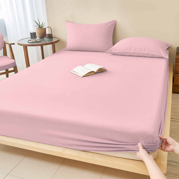 Twin Sze Fitted Sheet Set - Light Pink 2 Piece Bedding Sets 16" Deep Pocket Fitted Sheet with 1 Pillowcase, Farmhouse Solid Pink Color Modern Art Brushed Microfiber Hotel Luxury Bed Sheets