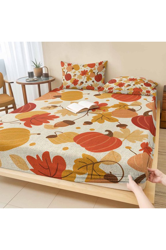 Twin Sze Fitted Sheet Set - Maple Leaf 2 Piece Bedding Sets 16" Deep Pocket Fitted Sheet with 1 Pillowcase, Autumn Pumpkin Thanksgiving Country Farm Brushed Microfiber Hotel Luxury Bed Sheets