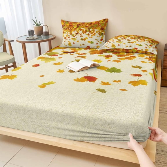 Twin Sze Fitted Sheet Set - Maple Leaf Fall 2 Piece Bedding Sets 16" Deep Pocket Fitted Sheet with 1 Pillowcase, Thanksgiving Fallen Leaves Autumn Rustic Brushed Microfiber Hotel Luxury Bed Sheets
