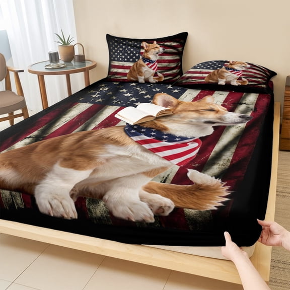 Twin Sze Fitted Sheet Set - Memorial Day 2 Piece Bedding Sets 16" Deep Pocket Fitted Sheet with 1 Pillowcase, Patriotic America Flag Corgi Dogs Abstract Brushed Microfiber Hotel Luxury Bed Sheets