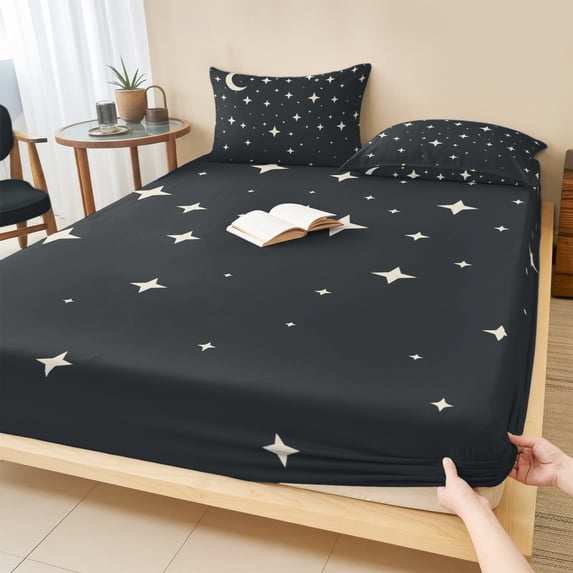 Twin Sze Fitted Sheet Set - Modern Black Grey 2 Piece Bedding Sets 16" Deep Pocket Fitted Sheet with 1 Pillowcase, Japanese Style Moon Stars Minimalism Brushed Microfiber Hotel Luxury Bed Sheets
