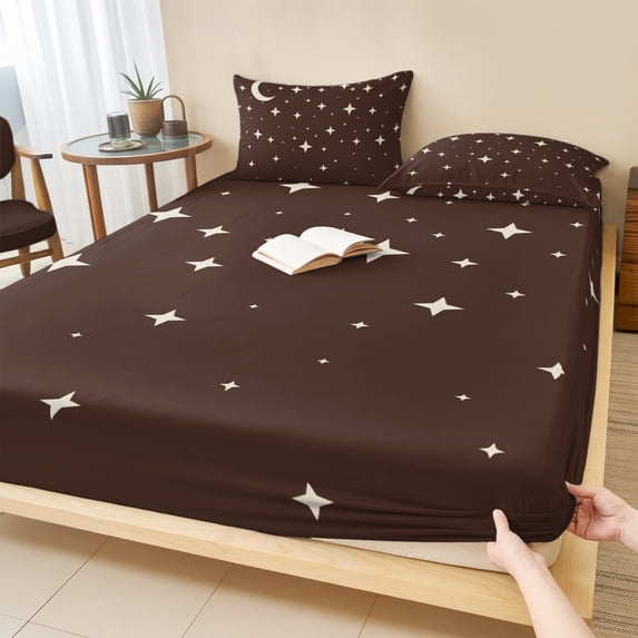 Twin Sze Fitted Sheet Set - Modern Brown 2 Piece Bedding Sets 16" Deep Pocket Fitted Sheet with 1 Pillowcase, Japanese Style Moon Stars Minimalism Brushed Microfiber Hotel Luxury Bed Sheets
