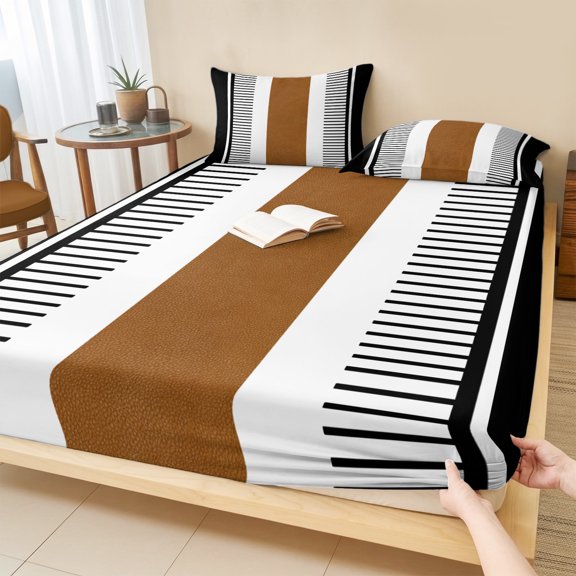 Twin Sze Fitted Sheet Set - Modern Brown Black 2 Piece Bedding Sets 16" Deep Pocket Fitted Sheet with 1 Pillowcase, Boho Contemporary Geometric Striped Brushed Microfiber Hotel Luxury Bed Sheets