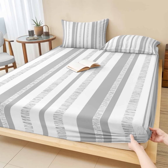 Twin Sze Fitted Sheet Set - Modern Minimalist 2 Piece Bedding Sets 16" Deep Pocket Fitted Sheet with 1 Pillowcase, Gray Vertical Stripes Pattern Brushed Microfiber Hotel Luxury Bed Sheets