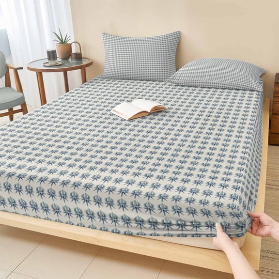 Twin Sze Fitted Sheet Set - Modern Minimalist Art 2 Piece Bedding Sets 16" Deep Pocket Fitted Sheet with 1 Pillowcase, Rustic Farmhouse Polka Dots Blue Brushed Microfiber Hotel Luxury Bed Sheets