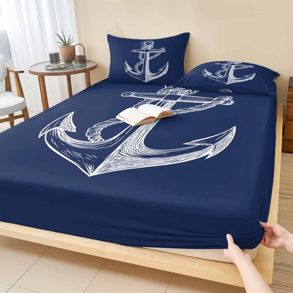 Twin Sze Fitted Sheet Set - Nautical Anchor 2 Piece Bedding Sets 16" Deep Pocket Fitted Sheet with 1 Pillowcase, Navy Blue Coastal Marine Minimalist Rope Brushed Microfiber Hotel Luxury Bed Sheets