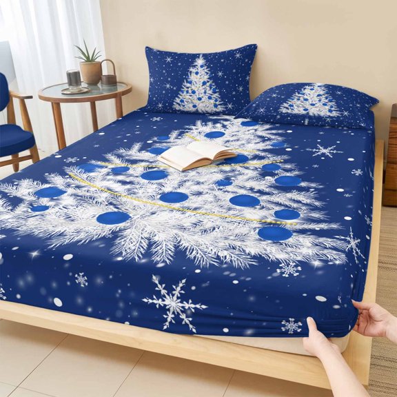 Twin Sze Fitted Sheet Set - Navy Blue Christmas Tree 2 Piece Bedding Sets 16" Deep Pocket Fitted Sheet with 1 Pillowcase, Balls Snowflake Xmas Tree Brushed Microfiber Hotel Luxury Bed Sheets