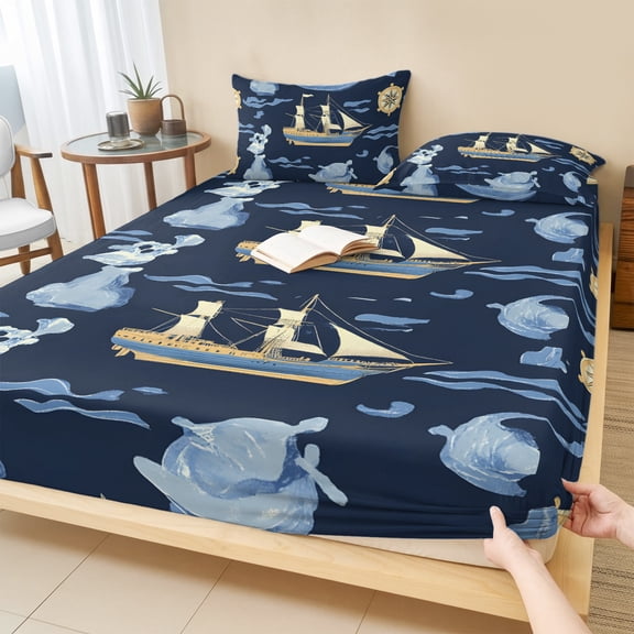 Twin Sze Fitted Sheet Set - Navy Blue Coastal 2 Piece Bedding Sets 16" Deep Pocket Fitted Sheet with 1 Pillowcase, Nautical Modern Art Boat Compass Brushed Microfiber Hotel Luxury Bed Sheets