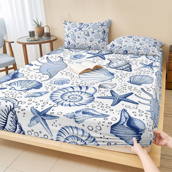 Twin Sze Fitted Sheet Set - Navy Blue Coastal 2 Piece Bedding Sets 16" Deep Pocket Fitted Sheet with 1 Pillowcase, Nautical Ocean Shell Starfish Sea Brushed Microfiber Hotel Luxury Bed Sheets