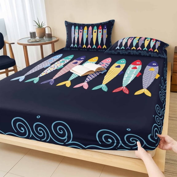 Twin Sze Fitted Sheet Set - Navy Blue Fish Coastal 2 Piece Bedding Sets 16" Deep Pocket Fitted Sheet with 1 Pillowcase, Nautical Summer Ocean Sea Brushed Microfiber Hotel Luxury Bed Sheets