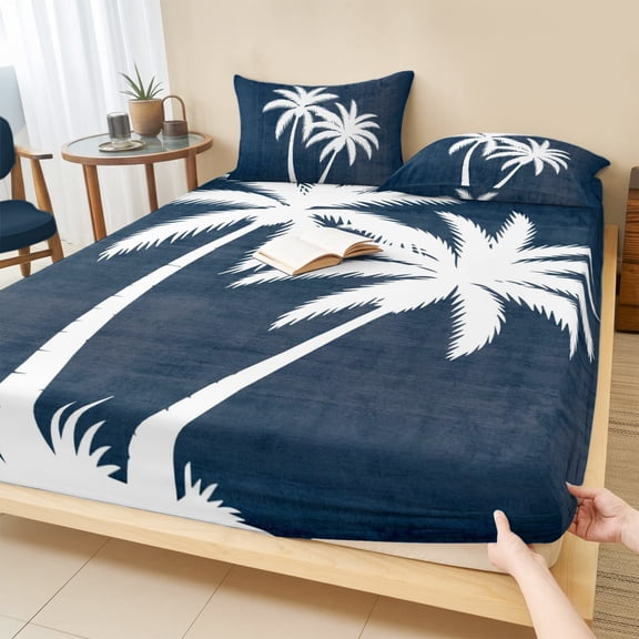 Twin Sze Fitted Sheet Set - Navy Blue Palm Trees 2 Piece Bedding Sets 16" Deep Pocket Fitted Sheet with 1 Pillowcase, Summer Coastal Tropical Botanical Brushed Microfiber Hotel Luxury Bed Sheets
