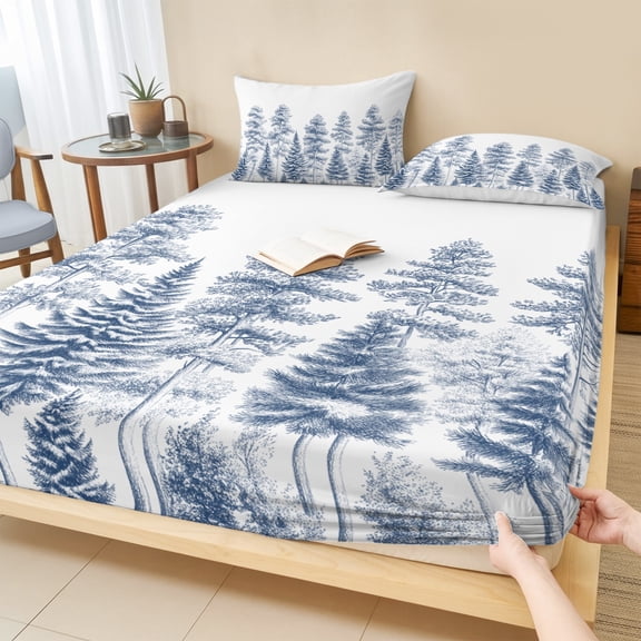 Twin Sze Fitted Sheet Set - Navy Blue Pastoral Tree 2 Piece Bedding Sets 16" Deep Pocket Fitted Sheet with 1 Pillowcase, Vintage Botanical Spring Brushed Microfiber Hotel Luxury Bed Sheets