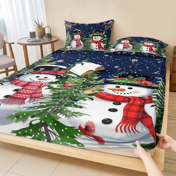 Twin Sze Fitted Sheet Set - Navy Blue Snowman Christmas 2 Piece Bedding Sets 16" Deep Pocket Fitted Sheet with 1 Pillowcase, Xmas Tree Snowflake Winter Birds Brushed Microfiber Hotel Bed Sheets