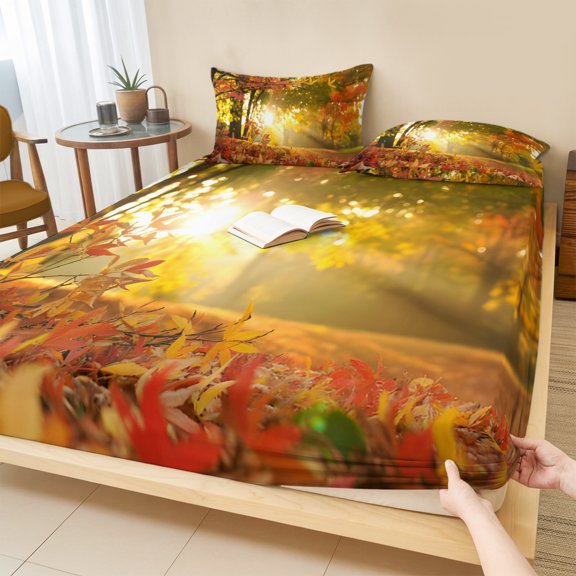 Twin Sze Fitted Sheet Set - Orange Autumn Leaves 2 Piece Bedding Sets 16" Deep Pocket Fitted Sheet with 1 Pillowcase, Fall Trees Forest Country Rustic Brushed Microfiber Hotel Luxury Bed Sheets