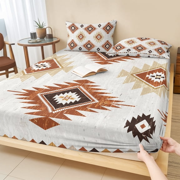 Twin Sze Fitted Sheet Set - Orange Aztec 2 Piece Bedding Sets 16" Deep Pocket Fitted Sheet with 1 Pillowcase, Southwest Neutral Abstract Geometric Art Brushed Microfiber Hotel Luxury Bed Sheets
