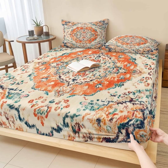 Twin Sze Fitted Sheet Set - Orange Beige Boho 2 Piece Bedding Sets 16" Deep Pocket Fitted Sheet with 1 Pillowcase, Vintage Ethnic Abstract Art Floral Brushed Microfiber Hotel Luxury Bed Sheets