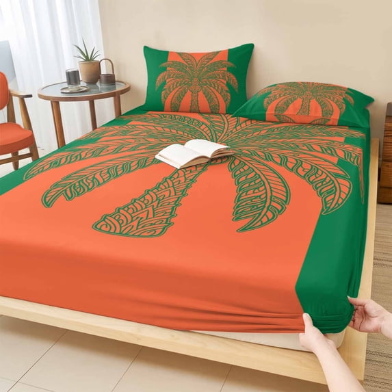Twin Sze Fitted Sheet Set - Orange Green Palm Tree 2 Piece Bedding Sets 16" Deep Pocket Fitted Sheet with 1 Pillowcase, Summer Beach Coastal Modern Art Brushed Microfiber Hotel Luxury Bed Sheets