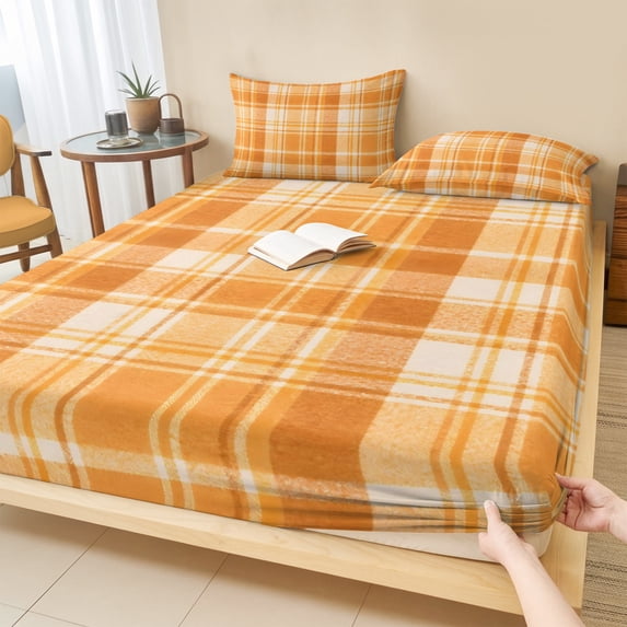 Twin Sze Fitted Sheet Set - Orange Plaid 2 Piece Bedding Sets 16" Deep Pocket Fitted Sheet with 1 Pillowcase, Fall Gingham Grids Striped Minimalist Brushed Microfiber Hotel Luxury Bed Sheets