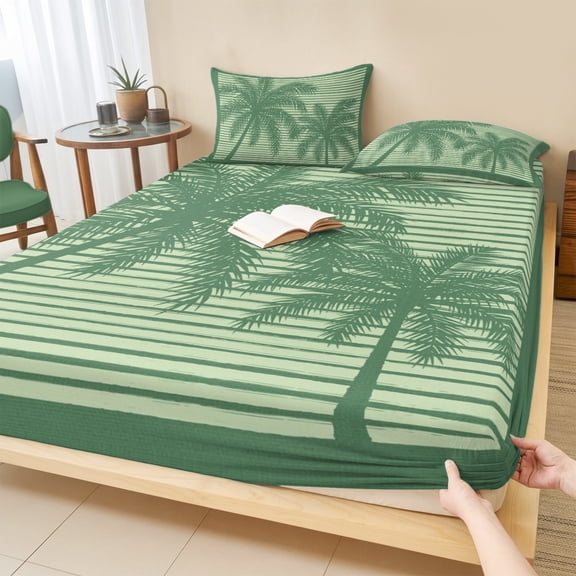 Twin Sze Fitted Sheet Set - Palm Tree 2 Piece Bedding Sets 16" Deep Pocket Fitted Sheet with 1 Pillowcase, Green Summer Tropical Plants Silhouettes Brushed Microfiber Hotel Luxury Bed Sheets