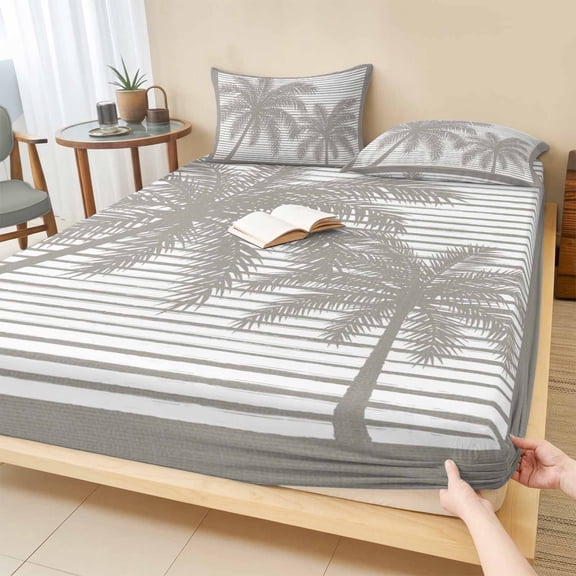 Twin Sze Fitted Sheet Set - Palm Tree 2 Piece Bedding Sets 16" Deep Pocket Fitted Sheet with 1 Pillowcase, Grey Summer Tropical Plants Silhouettes Brushed Microfiber Hotel Luxury Bed Sheets