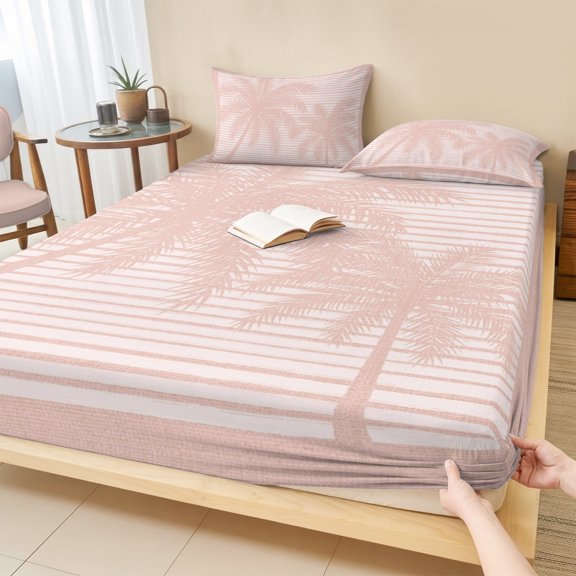 Twin Sze Fitted Sheet Set - Palm Tree 2 Piece Bedding Sets 16" Deep Pocket Fitted Sheet with 1 Pillowcase, Pink Summer Tropical Plants Silhouettes Brushed Microfiber Hotel Luxury Bed Sheets