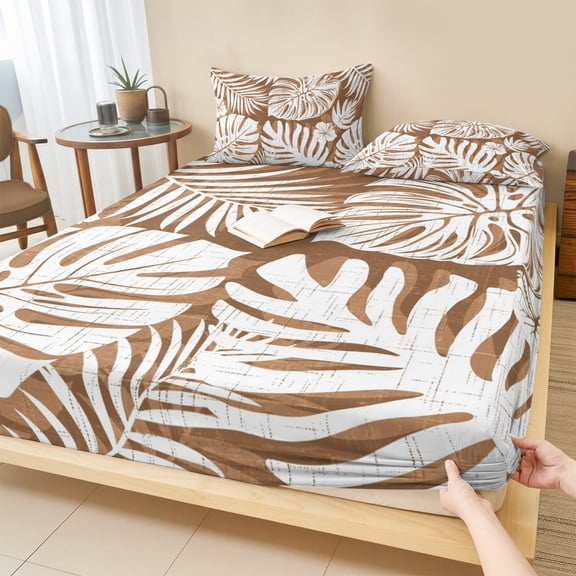 Twin Sze Fitted Sheet Set - Palm Tree Monstera 2 Piece Bedding Sets 16" Deep Pocket Fitted Sheet with 1 Pillowcase, Brown Tan Leaf Boho Botanical Tropical Brushed Microfiber Hotel Luxury Bed Sheets