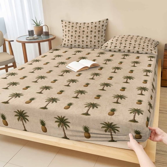 Twin Sze Fitted Sheet Set - Palm Tree Tropical 2 Piece Bedding Sets 16" Deep Pocket Fitted Sheet with 1 Pillowcase, Pineapple Brown Summer Beach Brushed Microfiber Hotel Luxury Bed Sheets