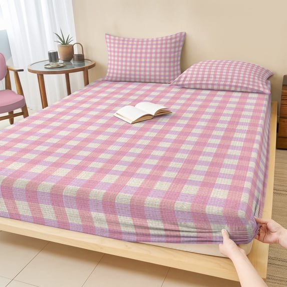 Twin Sze Fitted Sheet Set - Pink 2 Piece Bedding Sets 16" Deep Pocket Fitted Sheet with 1 Pillowcase, Grid Checkered Plaid Gingham Lattice Trellis Brushed Microfiber Hotel Luxury Bed Sheets