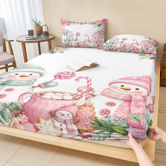 Twin Sze Fitted Sheet Set - Pink Christmas 2 Piece Bedding Sets 16" Deep Pocket Fitted Sheet with 1 Pillowcase, Cute Snowman Xmas Poinsettia Botanical Brushed Microfiber Hotel Luxury Bed Sheets