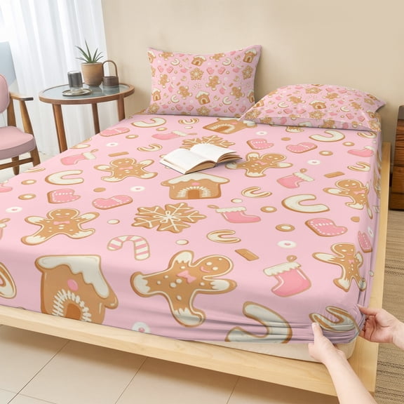 Twin Sze Fitted Sheet Set - Pink Christmas 2 Piece Bedding Sets 16" Deep Pocket Fitted Sheet with 1 Pillowcase, Xmas Gingerbread Winter Cane Candy Snowflakes Brushed Microfiber Hotel Bed Sheets