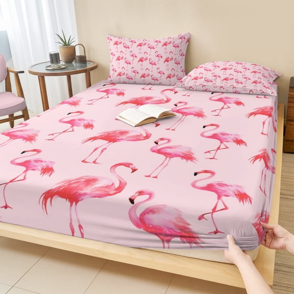 Twin Sze Fitted Sheet Set - Pink Flamingo 2 Piece Bedding Sets 16" Deep Pocket Fitted Sheet with 1 Pillowcase, Summer Animals Brushed Microfiber Hotel Luxury Bed Sheets