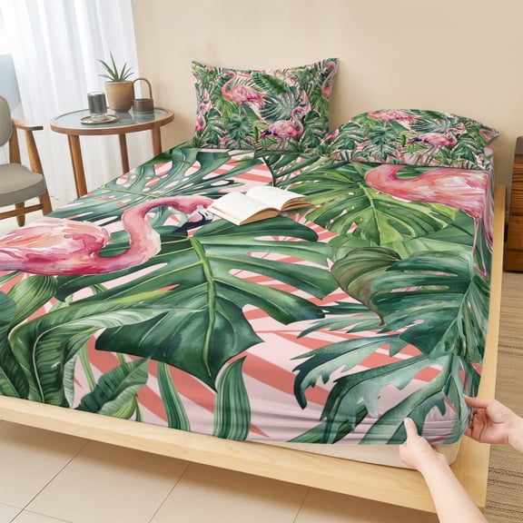 Twin Sze Fitted Sheet Set - Pink Flamingo 2 Piece Bedding Sets 16" Deep Pocket Fitted Sheet with 1 Pillowcase, Summer Tropical Watercolor Plants Green Leaves Brushed Microfiber Hotel Bed Sheets
