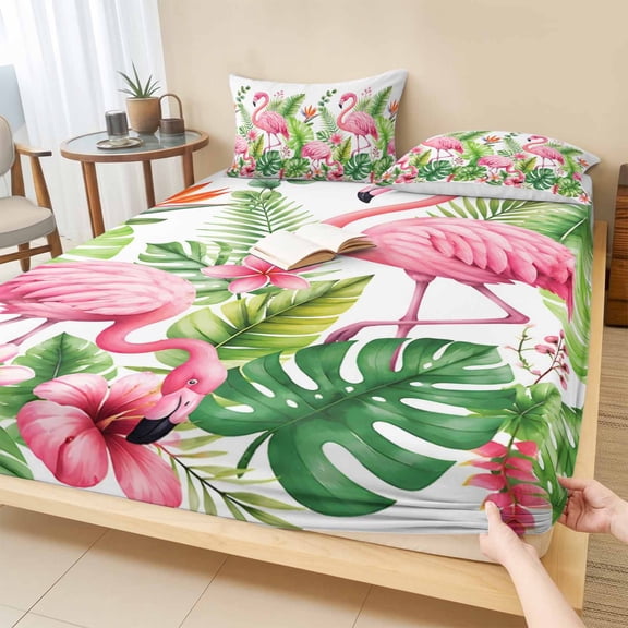 Twin Sze Fitted Sheet Set - Pink Flamingos 2 Piece Bedding Sets 16" Deep Pocket Fitted Sheet with 1 Pillowcase, Floral Summer Botanical Watercolor Tropical Brushed Microfiber Hotel Luxury Bed Sheets