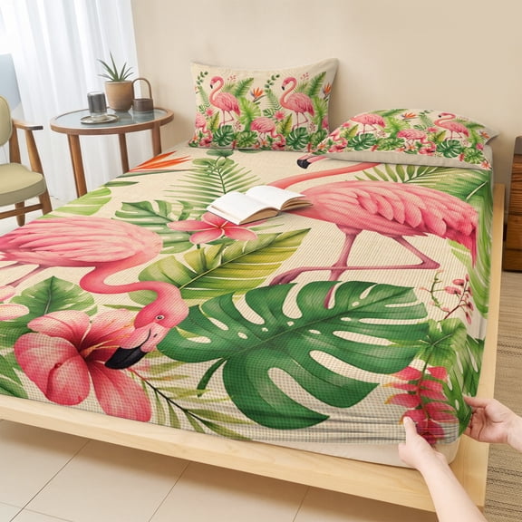 Twin Sze Fitted Sheet Set - Pink Flamingos 2 Piece Bedding Sets 16" Deep Pocket Fitted Sheet with 1 Pillowcase, Floral Tropical Summer Botanical Rustic Brushed Microfiber Hotel Luxury Bed Sheets