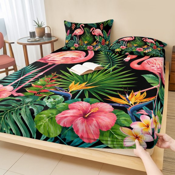 Twin Sze Fitted Sheet Set - Pink Flamingos 2 Piece Bedding Sets 16" Deep Pocket Fitted Sheet with 1 Pillowcase, Watercolor Summer Botanical Floral Brushed Microfiber Hotel Luxury Bed Sheets