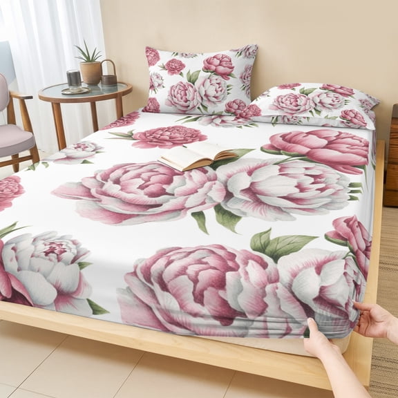 Twin Sze Fitted Sheet Set - Pink Floral 2 Piece Bedding Sets 16" Deep Pocket Fitted Sheet with 1 Pillowcase, Spring Summer Modern Flower Leaf Brushed Microfiber Hotel Luxury Bed Sheets