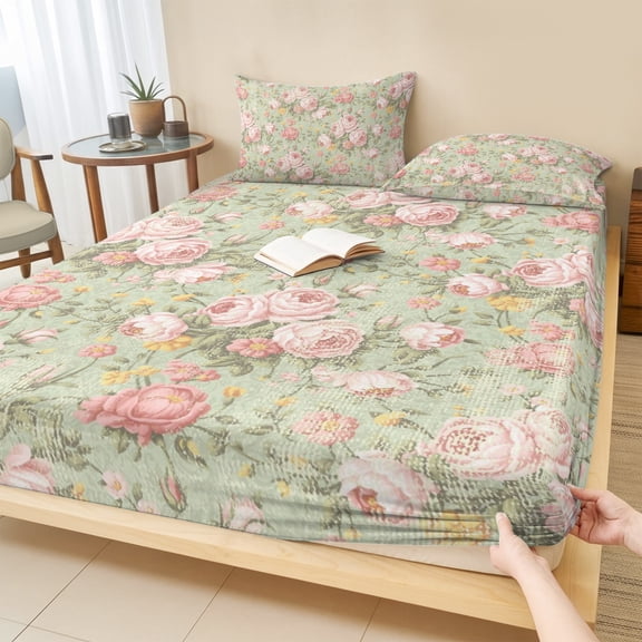 Twin Sze Fitted Sheet Set - Pink Flowers 2 Piece Bedding Sets 16" Deep Pocket Fitted Sheet with 1 Pillowcase, Green Country Botanical Floral Leaves Brushed Microfiber Hotel Luxury Bed Sheets