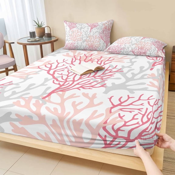 Twin Sze Fitted Sheet Set - Pink Grey Coral Coastal 2 Piece Bedding Sets 16" Deep Pocket Fitted Sheet with 1 Pillowcase, Summer Beach Seaside Nautical Brushed Microfiber Hotel Luxury Bed Sheets