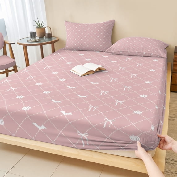 Twin Sze Fitted Sheet Set - Pink Halloween 2 Piece Bedding Sets 16" Deep Pocket Fitted Sheet with 1 Pillowcase, Checkered Bat Bow Brushed Microfiber Hotel Luxury Bed Sheets