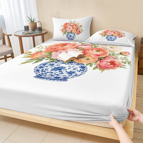 Twin Sze Fitted Sheet Set - Pink Roses Vase 2 Piece Bedding Sets 16" Deep Pocket Fitted Sheet with 1 Pillowcase, Spring Flowers Farmhouse Botanical Leaves Brushed Microfiber Hotel Luxury Bed Sheets