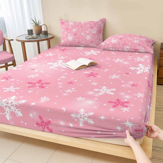 Twin Sze Fitted Sheet Set - Pink Snowflake Christmas 2 Piece Bedding Sets 16" Deep Pocket Fitted Sheet with 1 Pillowcase, Winter Xmas Snowflake Brushed Microfiber Hotel Luxury Bed Sheets