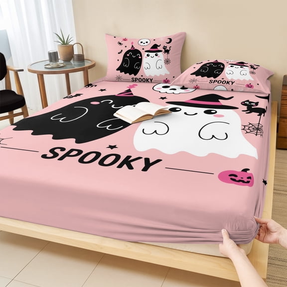 Twin Sze Fitted Sheet Set - Pink Spooky Halloween 2 Piece Bedding Sets 16" Deep Pocket Fitted Sheet with 1 Pillowcase, Funny Ghost Skeleton Black Cat Brushed Microfiber Hotel Luxury Bed Sheets